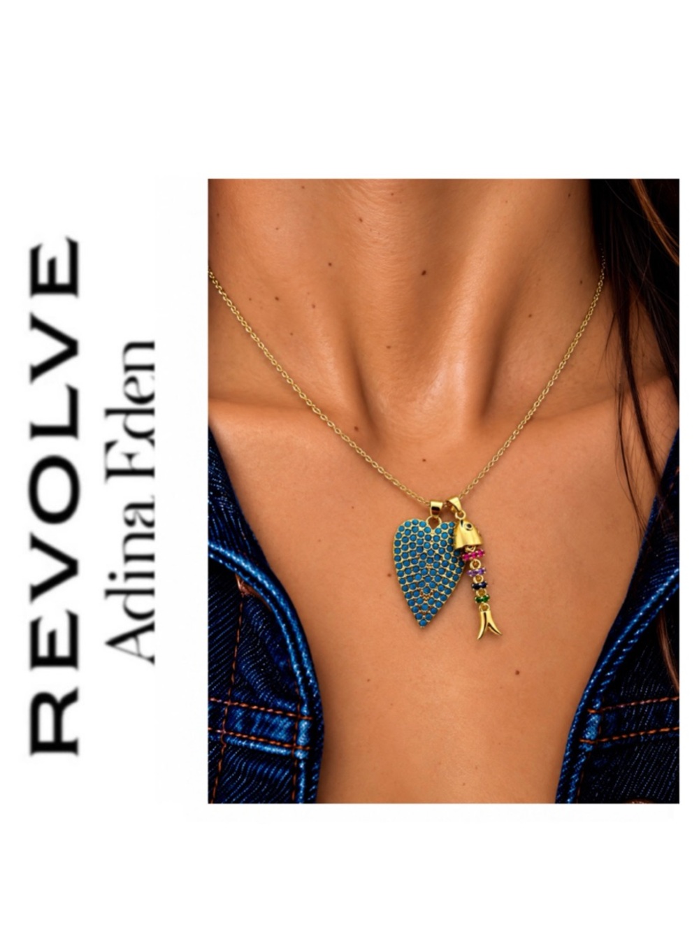Adina Eden Pave CZ Turquoise Heart & CZ Multicolor Fish Charm Gold Necklace